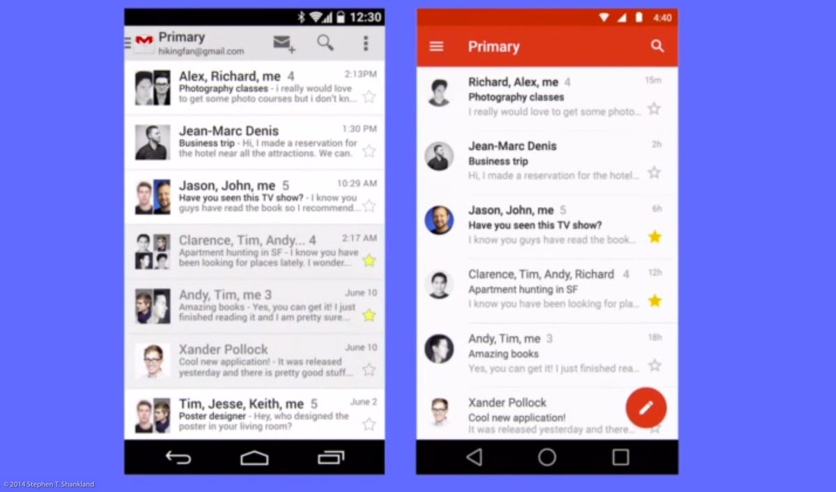 Android's Gmail app, before and after the new Material Design interface.