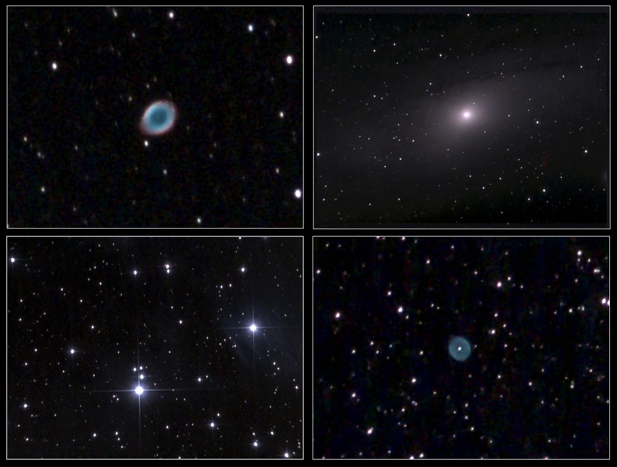 A quartet of astronomical photos showing the Andromeda galaxy, Ring Nebula, Blue Oyster Nebula and Pleiades star cluster