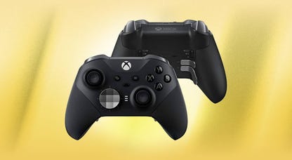 Both the front and back of the Xbox Elite Series 2 wireless controller are displayed against a yellow background.