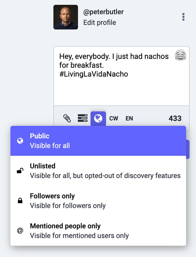 A screenshot of the Mastodon post interface with visibility options appears