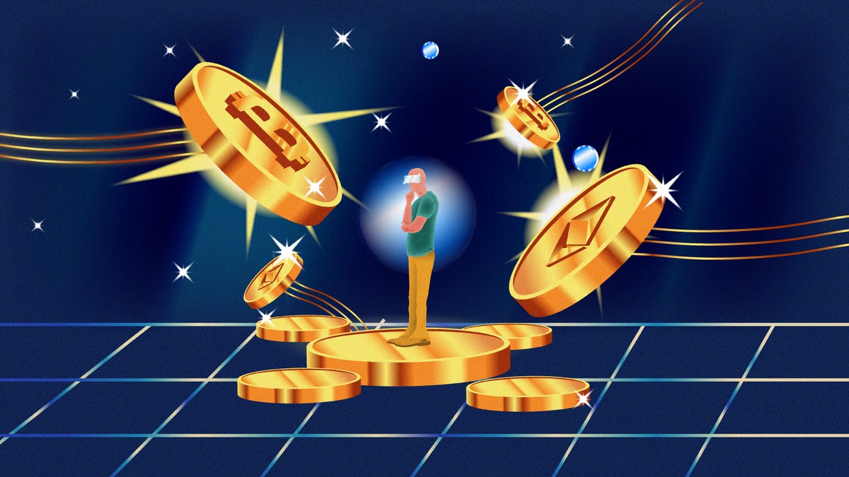Person standing among animated bitcoins