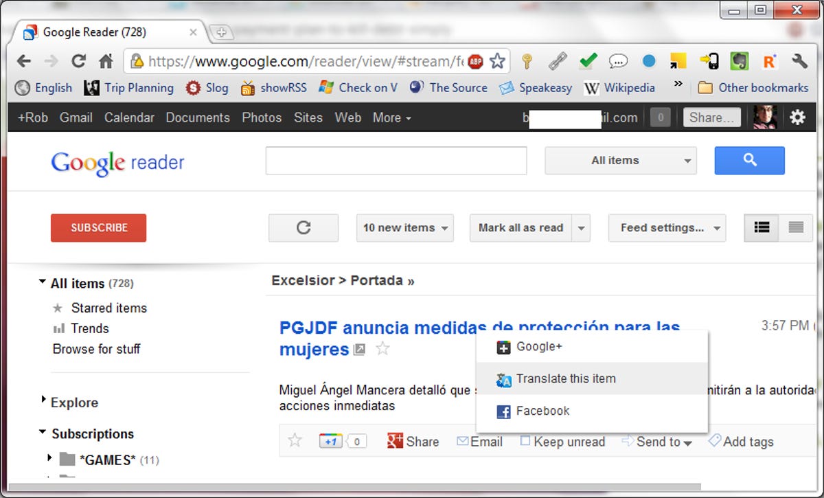 Translate Google Reader items.