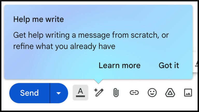 a screenshot of Google's Help Me Write button in web-based Gmail