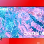 The Samsung 55-inch CU7000 4K LED Tizen TV is displayed against a gradient red background.