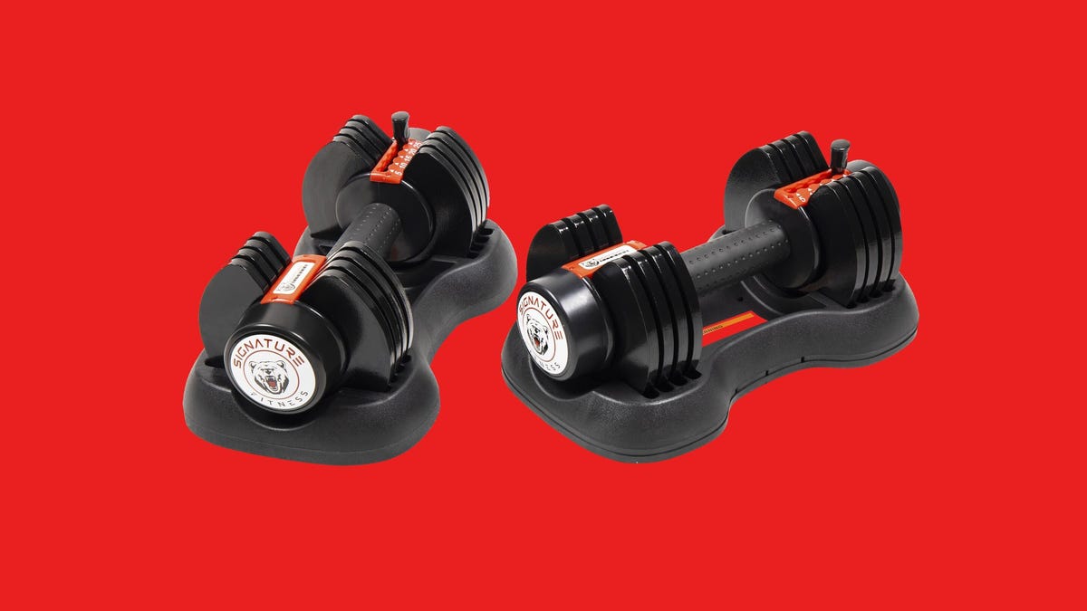 A pair of adjustable dumbbells against a red background.