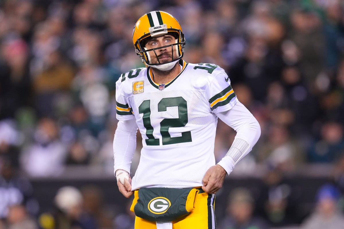 Aaron Rodgers of the Green Bay Packers looks to the sky.
