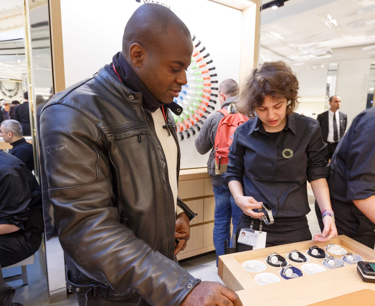 When it's time to try on a watch, a salesperson unlocks a drawer filled with different Apple Watch models.​