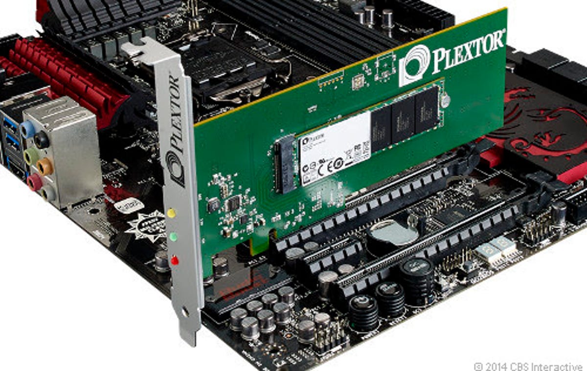The new Plextor M6e drive installed on a motherboard of a desktop machine.