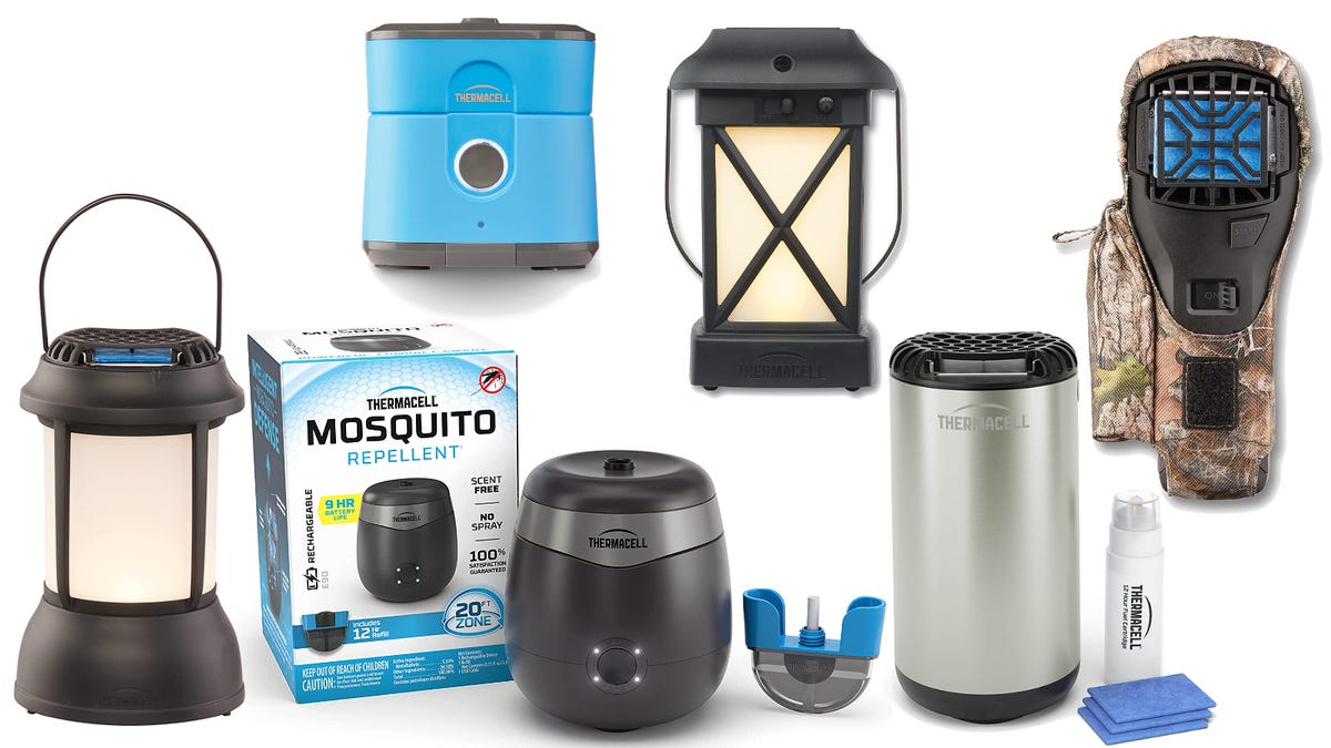 A collection of handheld, lantern and box diffuser style mosquito repellants are displayed on a white background.
