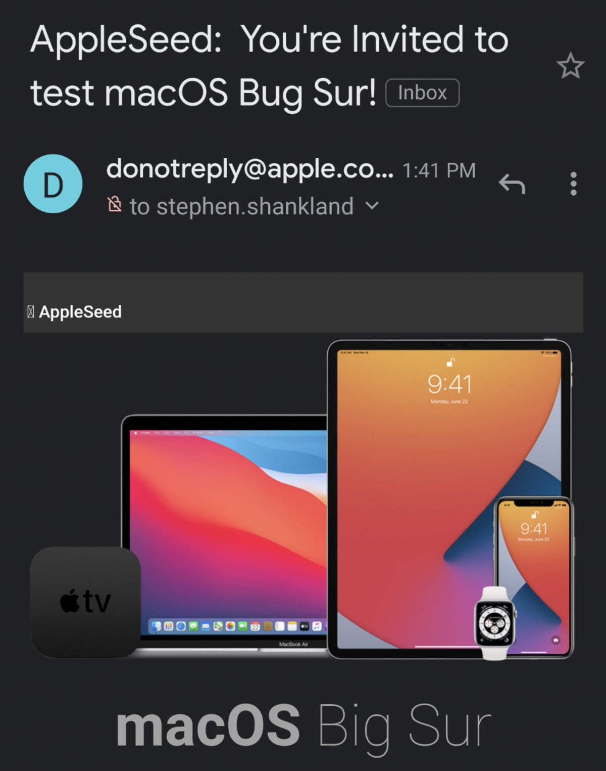 Apple sent an email with the typo "Bug Sur" to testers of its new operating system.