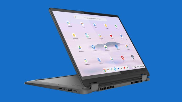 Lenovo IdeaPad Flex 5i Chromebook Plus on a blue background