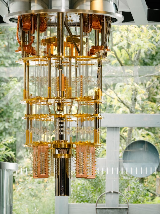 One quantum computing challenge is keeping the system extremely cold so essential quantum physics processes aren't disrupted. This IBM Q cryostat has the job of keeping a 50-qubit IBM quantum computer cold.