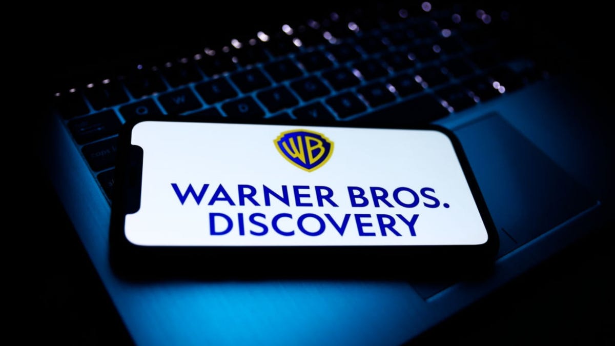 Warner Bros. Discovery mock logo art on a smartphone