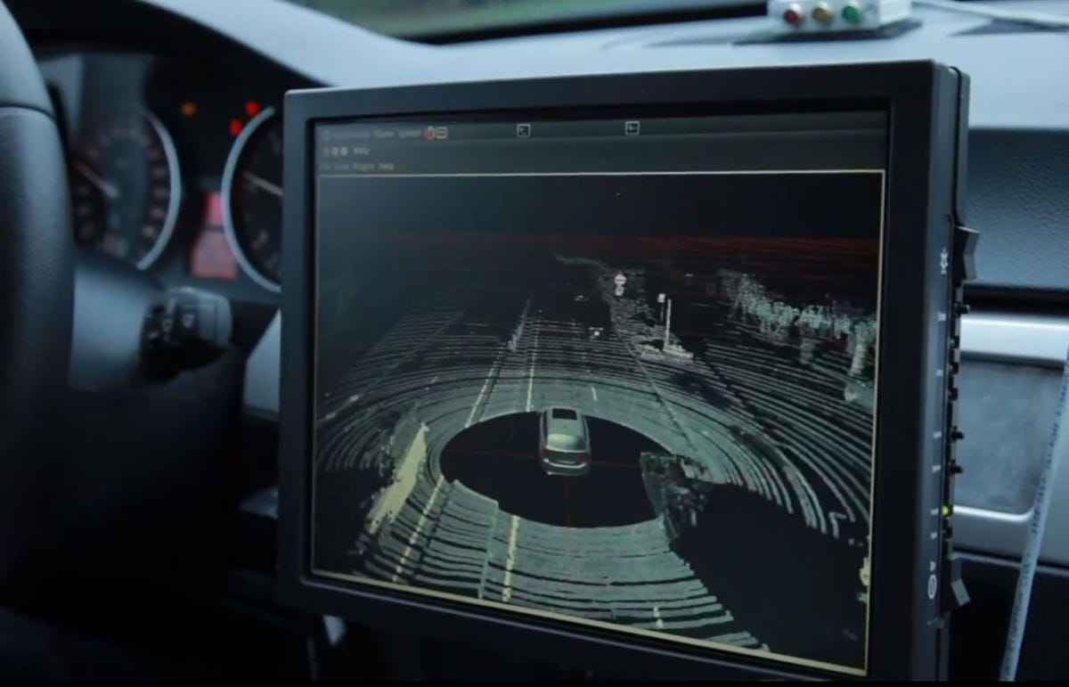 This view from a Bosch self-driving car's laser-based lidar sensor shows distances to nearby objects such as cars to the left and right.