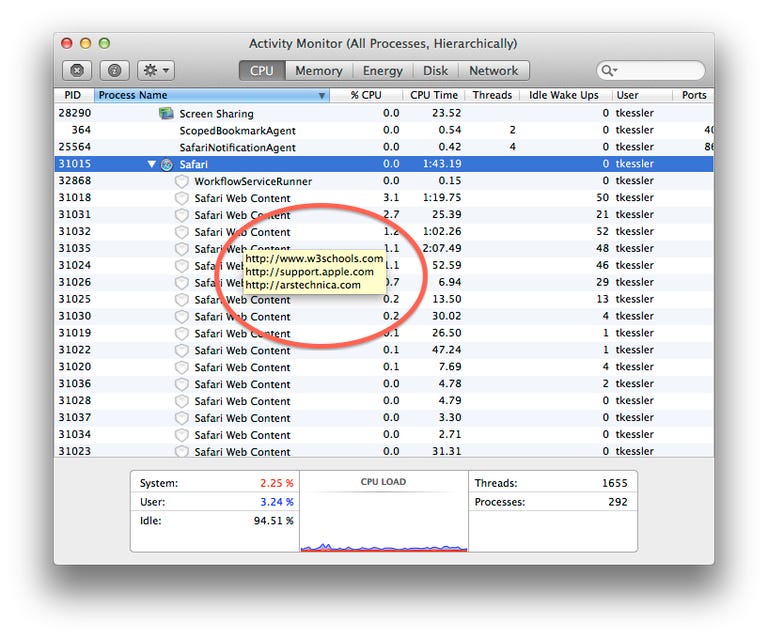 URLs for Safari Web Content processes in OS X Mavericks