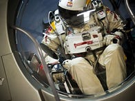 Felix Baumgartner, clad in his pressurized suit and tucked into his capsule, runs through egress training in February.