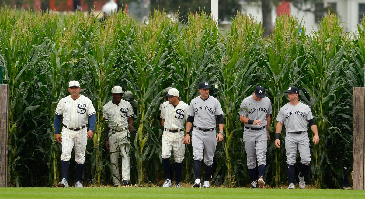 New York Yankees and Chicago White Sox emerge from the corn onto the Field of Dreams.