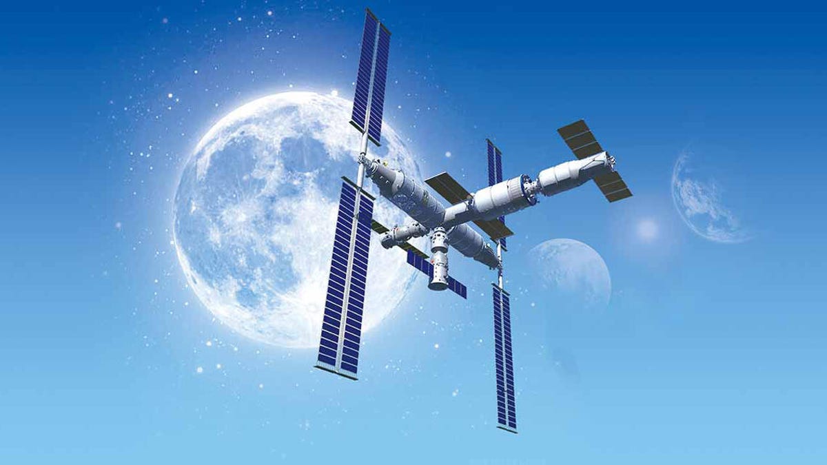 Tiangong space station with the moon in the background