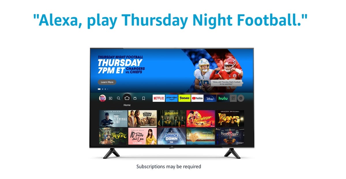 Fire TV screen showing Thursday Night Football and Alexa voice command