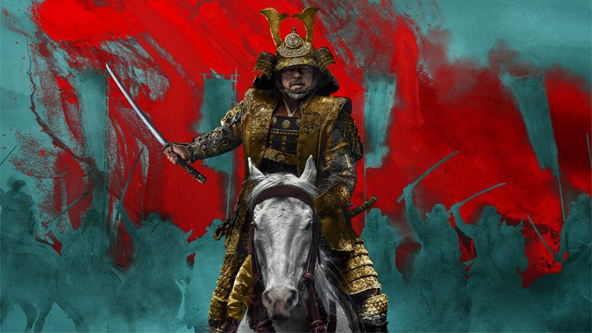 Promotional image for the 2024 FX TV series Shogun, showing an armour wearing Samurai riding a horse holding a sword in his right hand in front of an artistic green and red background.