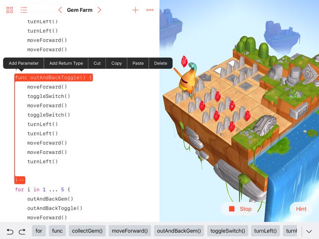 Apple's Swift Playgrounds app graphically shows how a collection of commands are grouped into a single function that can be invoked over and over to control an animated character, Byte. It's a touchscreen app and you don't have to type much -- suggested commands are at the bottom of the screen.