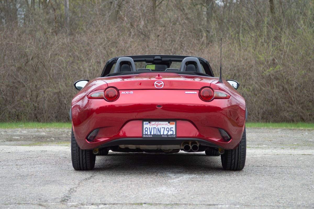 2022 Mazda MX-5 Miata, shown from the rear at a lower angle