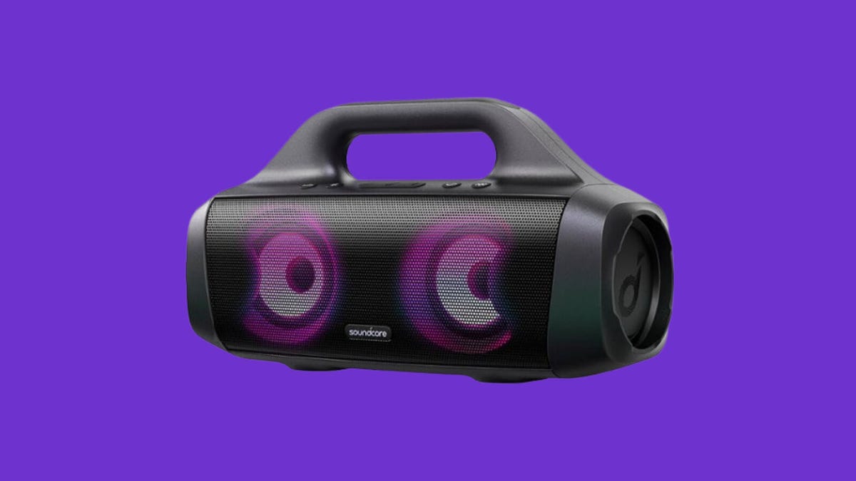 A Soundcore Select Pro boom box against a purple background.
