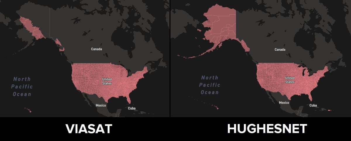 Comparison map between Viasat and HughesNet