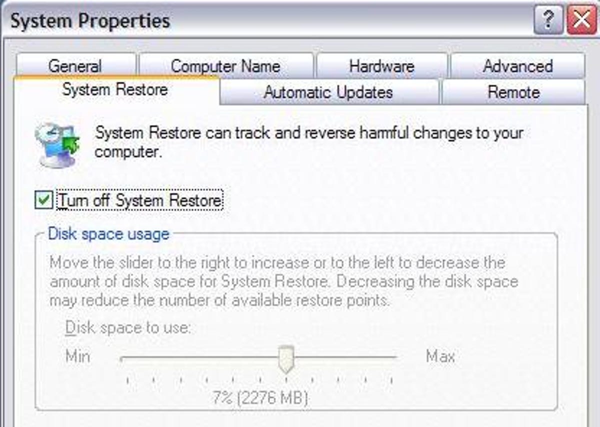 The System Restore options in Windows XP's System Properties dialog box