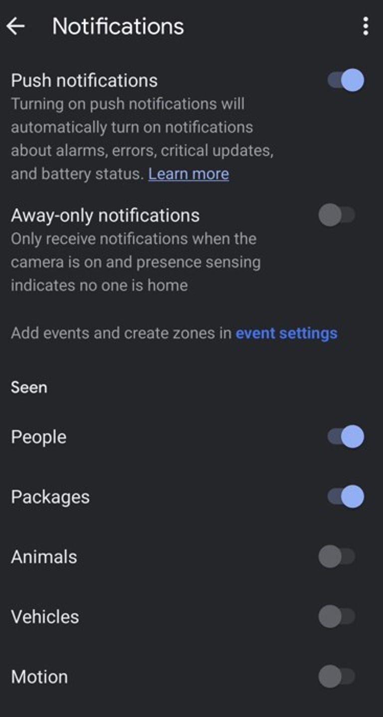 Screenshot of notifications settings for Nest Doorbell