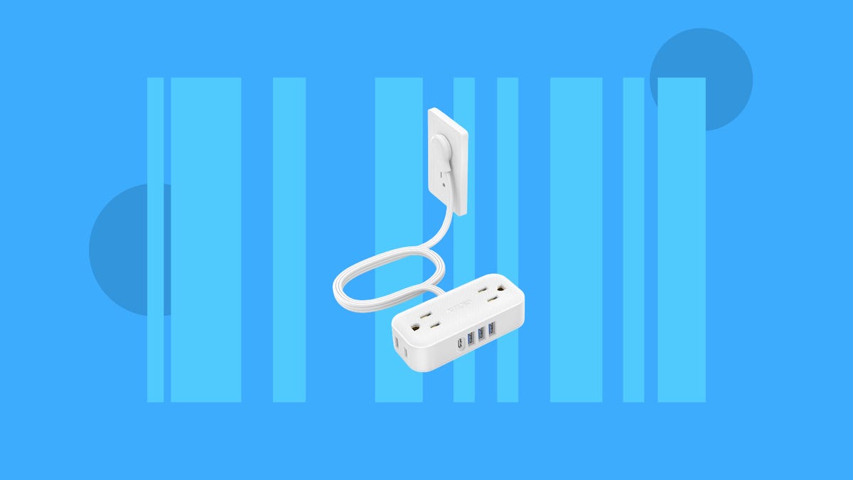 The Trond 8-in-1 flat plug travel power strip is displayed against a blue background.