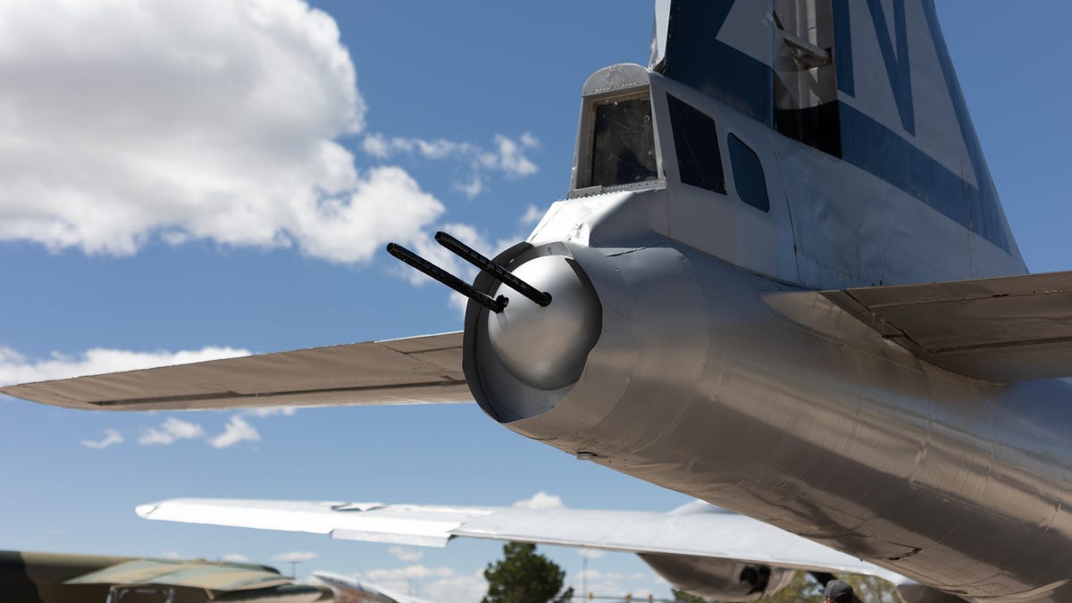The twin tail guns and empennage of a B-29.