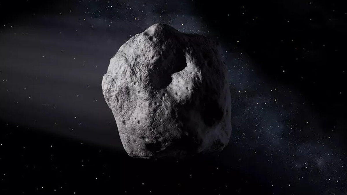 Illustration of a gray asteroid against the dark of space.