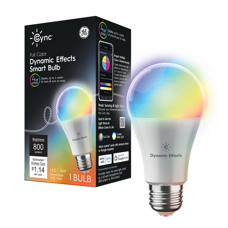 The Cync Dynamic Effects Smart Bulb from GE Lighting sits beside its packaging against a white background. It's a Wi-Fi smart bulb capable of putting out multiple colors at once.