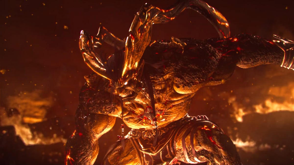 Ifrit prepares to attack in a fiery cave in Crisis Core: Final Fantasy 7 Reunion