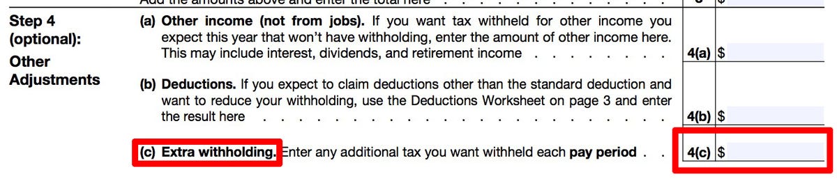 An image of a W-4 form showing where additional withholding taxes need to be added