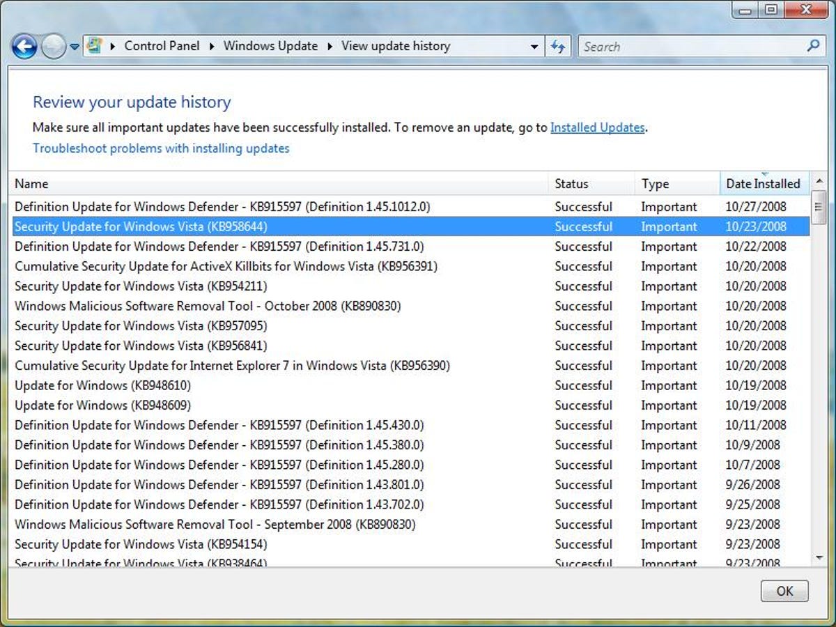 Windows Vista Update -- View update history dialog