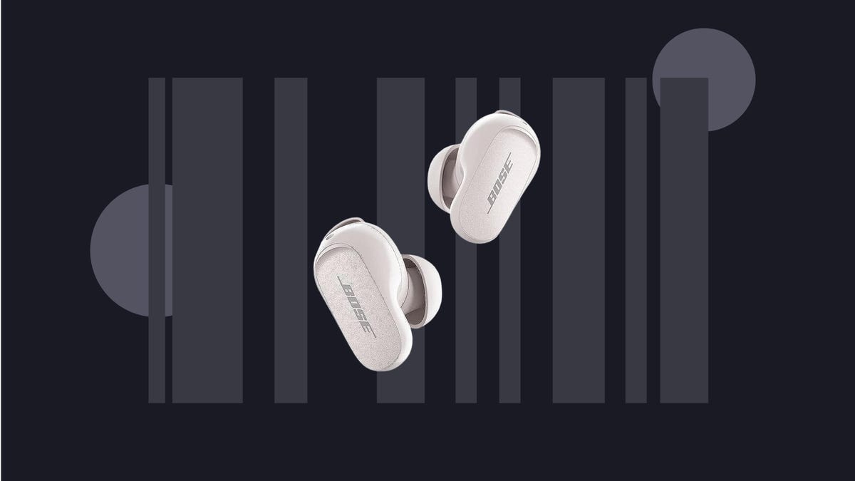 The white variant of the Bose QuietComfort Earbuds II are displayed against a black background.