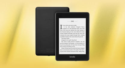 The 2018 ad-supported model of the Kindle Paperwhite is displayed against a yellow background.
