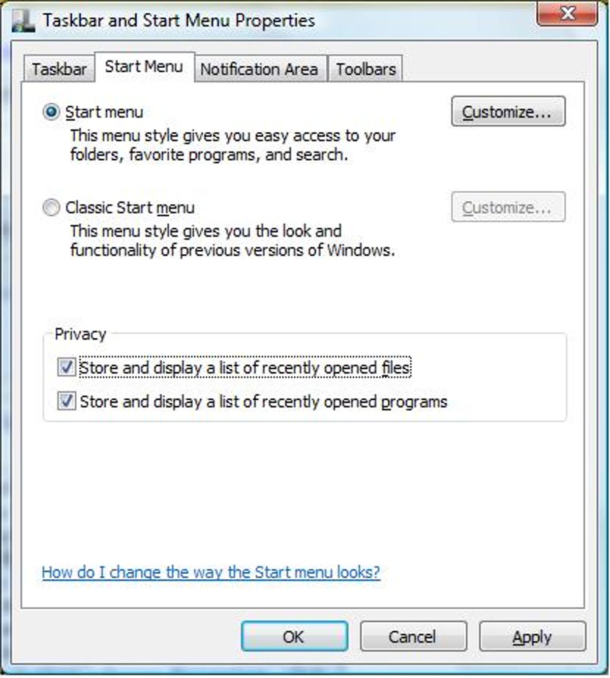 Windows Vista's Taskbar and Start Menu Properties dialog box
