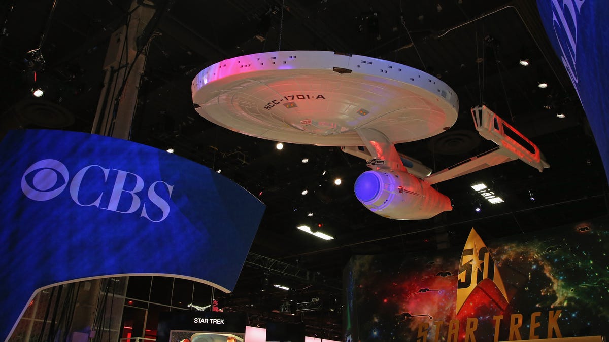 A model of the USS Enterprise from the Star Trek movie franchise, displayed above the CBS booth at the Licensing Expo 2016.