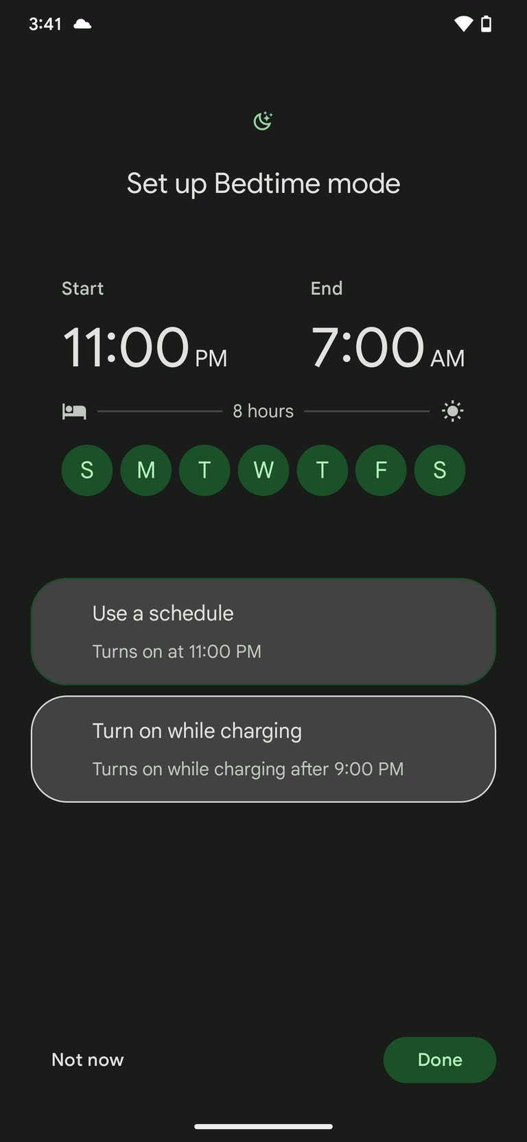 screenshot of a Pixel smartphone showing Bedtime Mode settings