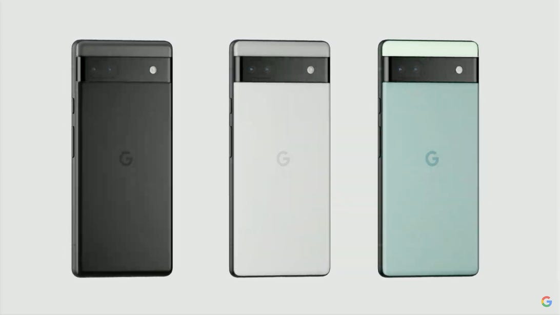 Three Pixel 6a models in black, white and mint green from Google I/O May 2022 presentation