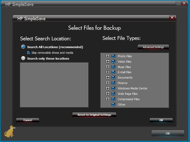 The included SimpleSave backup software offers a limited amount of options.