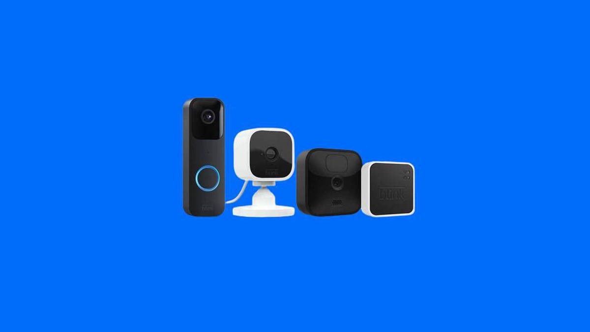 The Blink Whole Home Bundle of security cameras is displayed against a blue background.