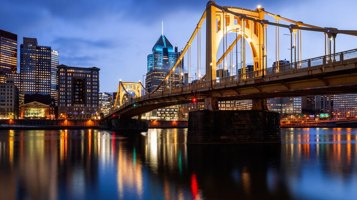 The Roberto Clemente Bridge is illuminated in Pittsburgh.