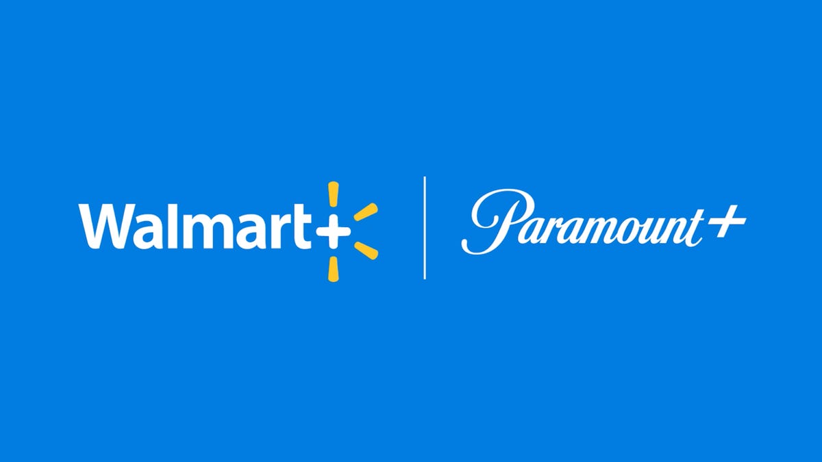 Walmart+ and Paramount+ logos on blue background