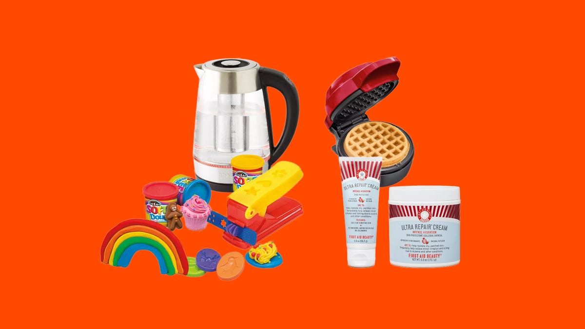 Toys, kitchen appliances and beauty on an orange background