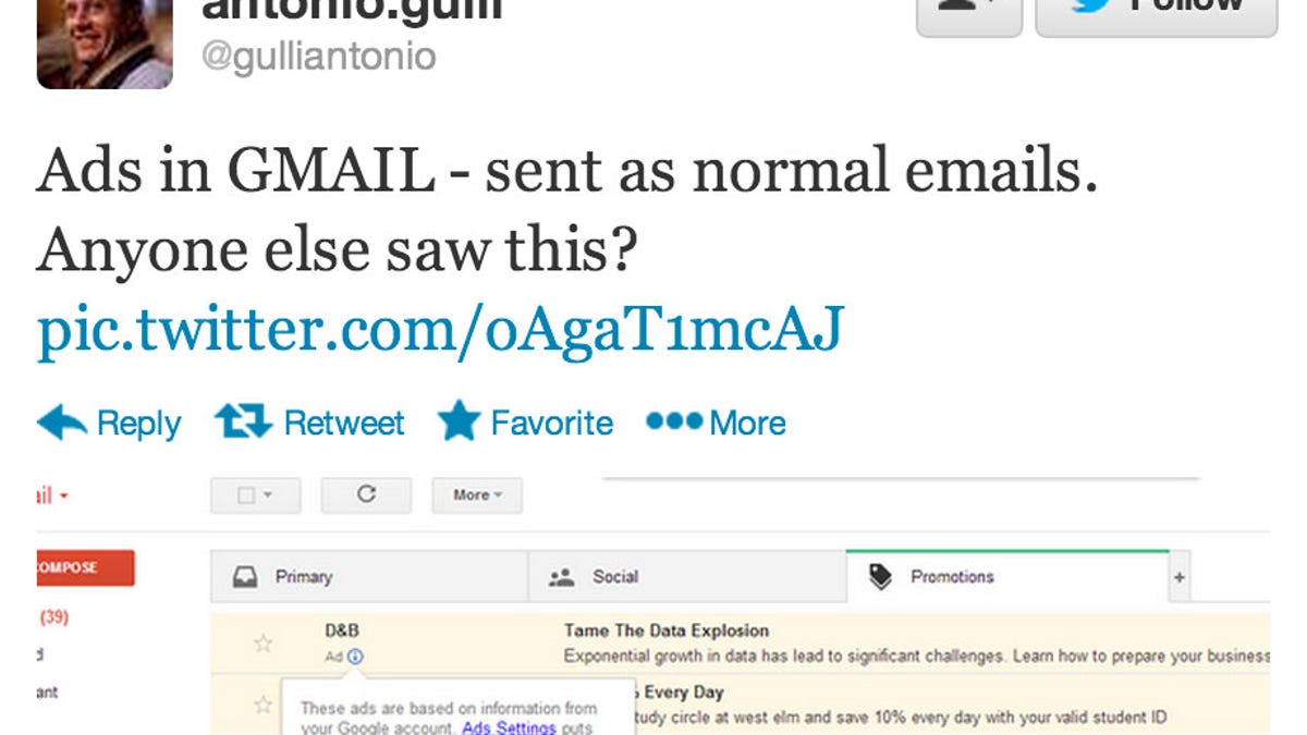 Twitter user gulliantonio spotted ads directly in his Gmail inbox.