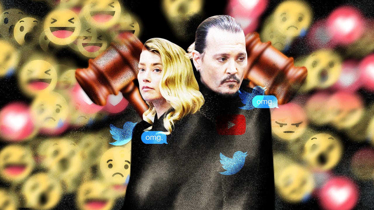 An illustration of Johnny Depp and Amber Heard surrounded by social media emoji.